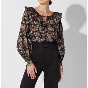 Cleobella Womens Top Jillian Blouse Button Up Ruffle Avalon Block Brown Size XS